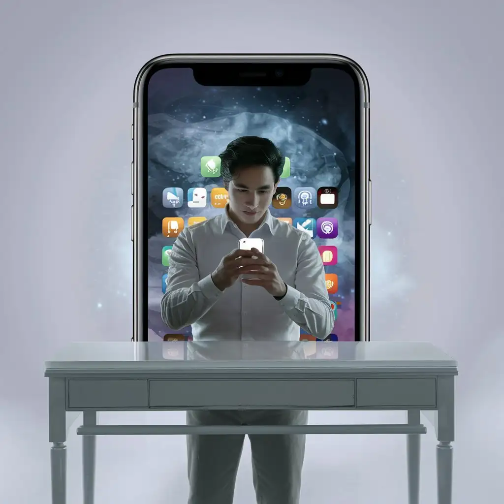 a man in front of clear white desk, show his smartphone and try to use it 