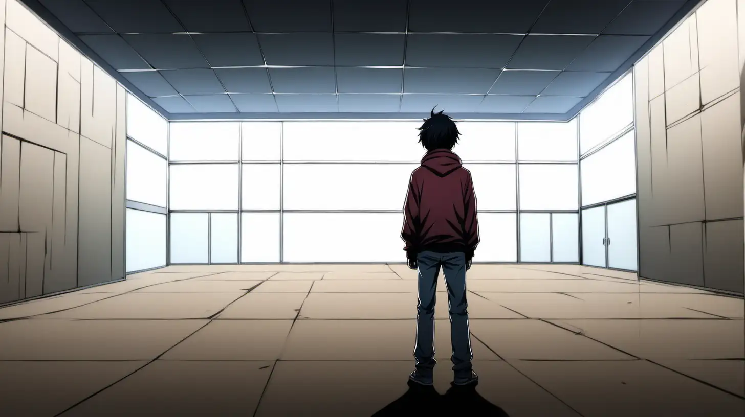 The back perspective of a teenager alone looking left into a large empty room, anime style