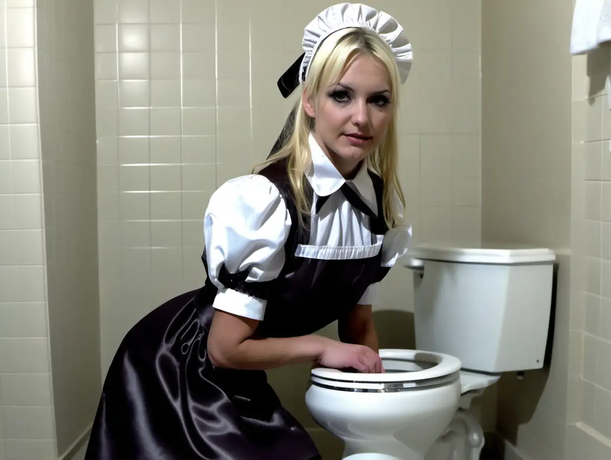 litle girl in long dark  satin maid uniforms and milf mothers blonde hair clean bathroom and toilet