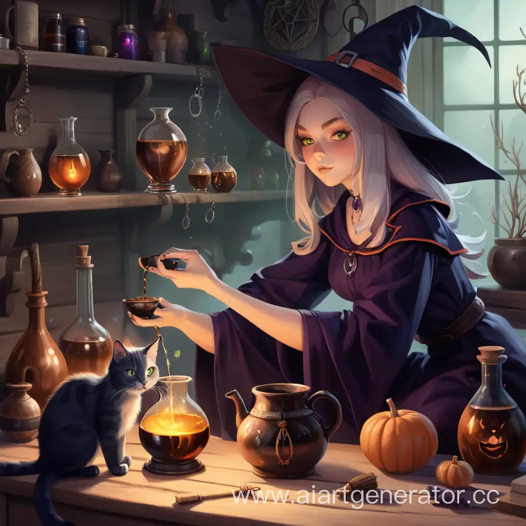 Witch-Brewing-Potions-with-Her-Familiar-Cat