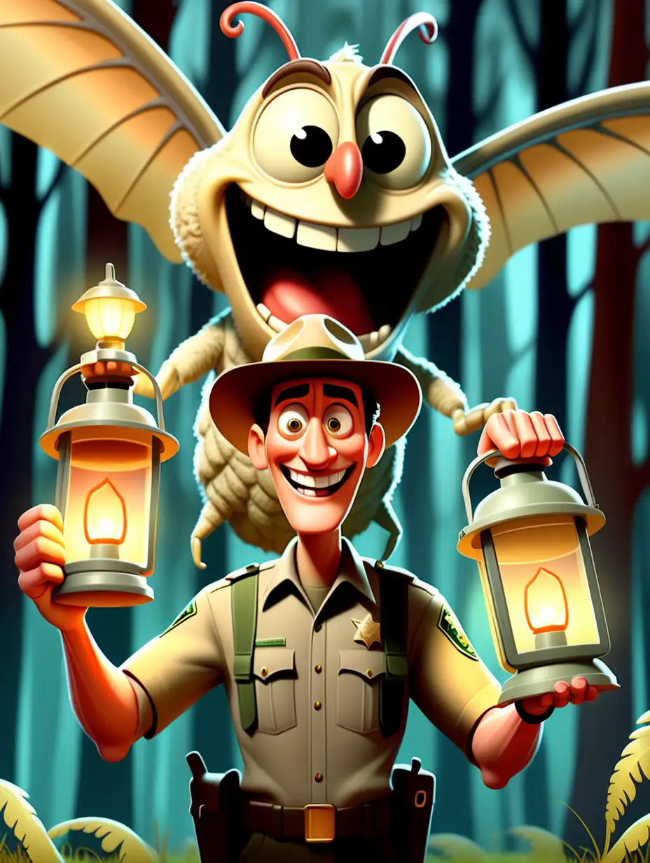 urban legend, smiling park ranger man holding a lantern, cartoon, goofy, standing next to a giant silly cartoon moth that has a human face and wings that looks human, silly facial expression, standing next to a car , setting is the forest; ghost apparitions in the background; pixar style illustration


