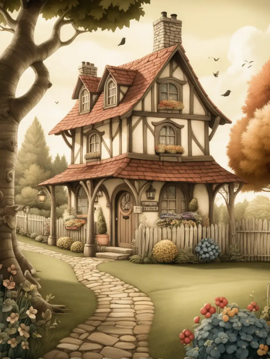 create an image of a vintage, cartoon, cottage core scene, similar to Over The Garden Wall