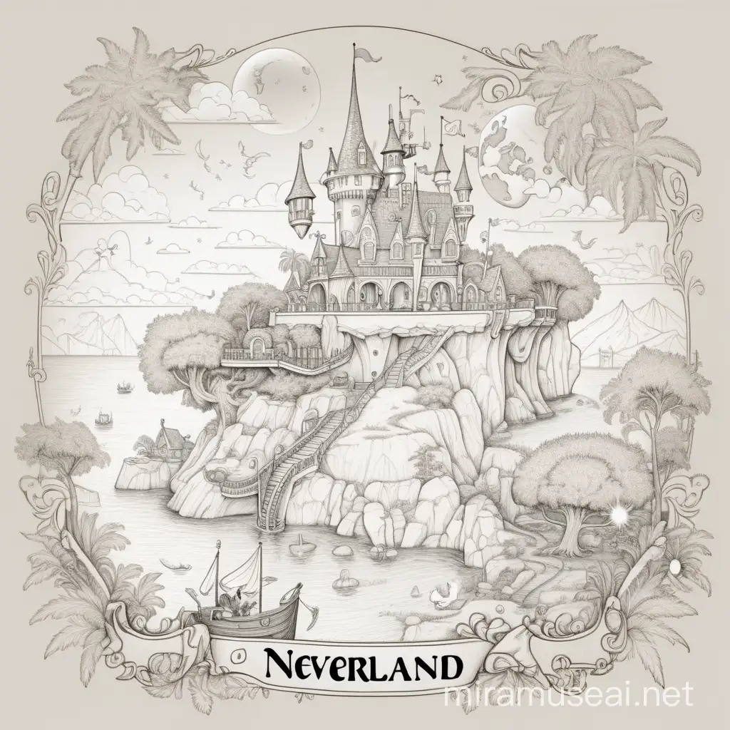 Whimsical Neverland Landscape in Line Art Style