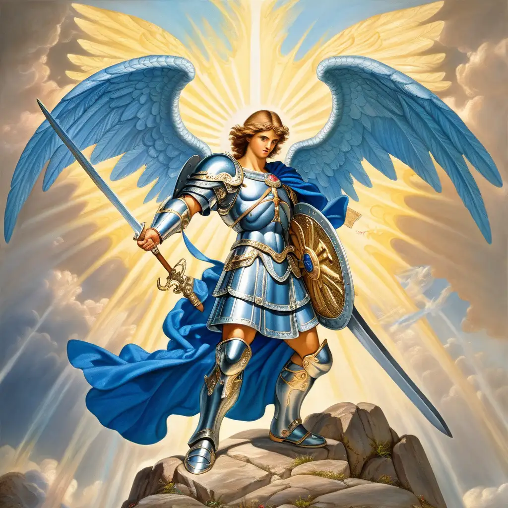 Archangel Michael with his sword and blue cape in the day, he is strong and fights the dragon