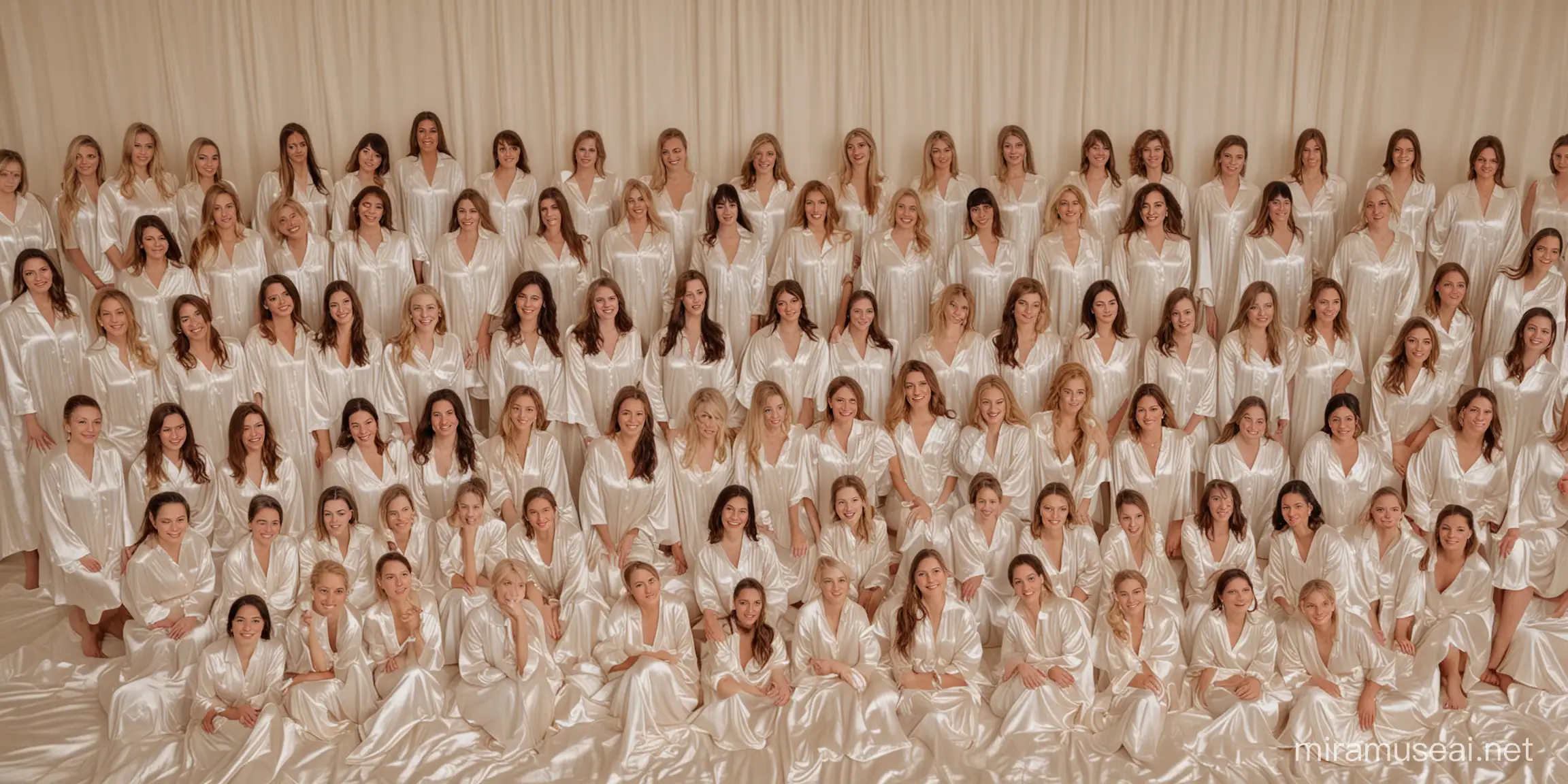 30 women in creamy white satin nightgowns stand in 10 rows on a huge satin bed look you