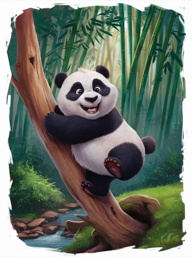 The panda with a super round face and a smile is climbing on the tree trunk and making cute movements. Behind it is a dense bamboo forest and a small stream.