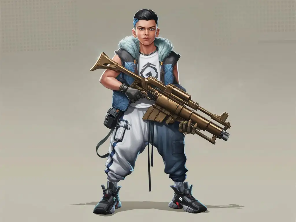 tall bulky obese rotund teenage white-middle eastern male giant, short dark hair, clean shaven, skyblue bandanna, baggy streetwear techwear pants, white t-shirt black graphic, denim blue utility vest, modern futuristic black hi-tech sneakers, gritty bronze gatling minigun, videogame overwatch valorant apex legends borderlands painting character reference sheet