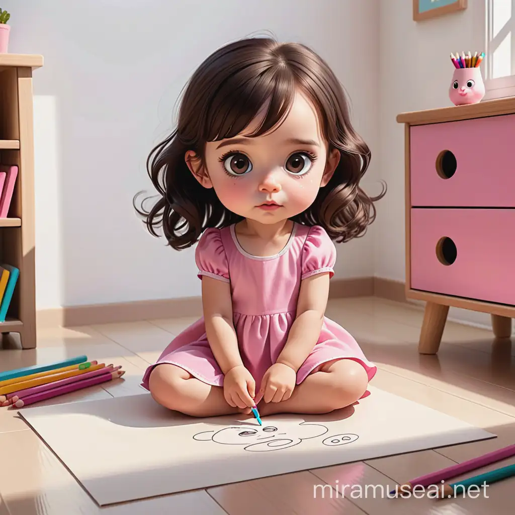 A cartoon type , create a female kid have a 3 years old , white light skin, dark brown big eyes, very dark brown hair, pink dress, sitting on the floor and drawing on the floor while looking to her draw. cartoon type