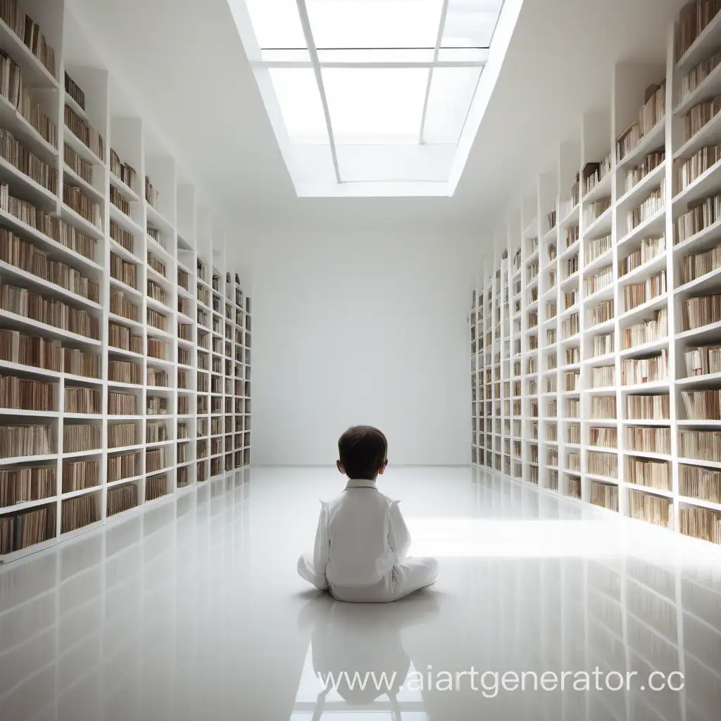 ребенок в белом костюме сидит в абсолютно пустой 
белой кварцевой комнате c книгами пустые стены