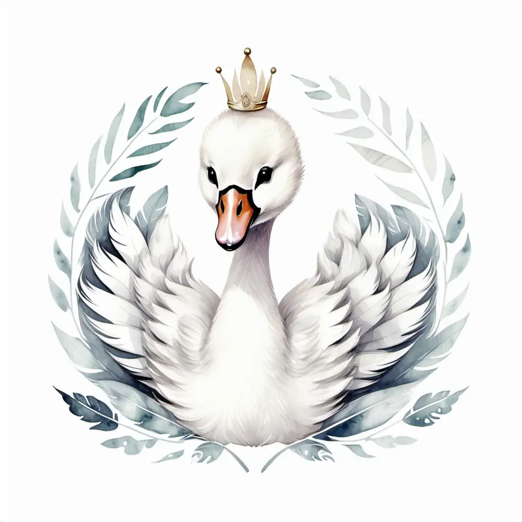 cute baby swan in a feather crest all white watercolor flat design