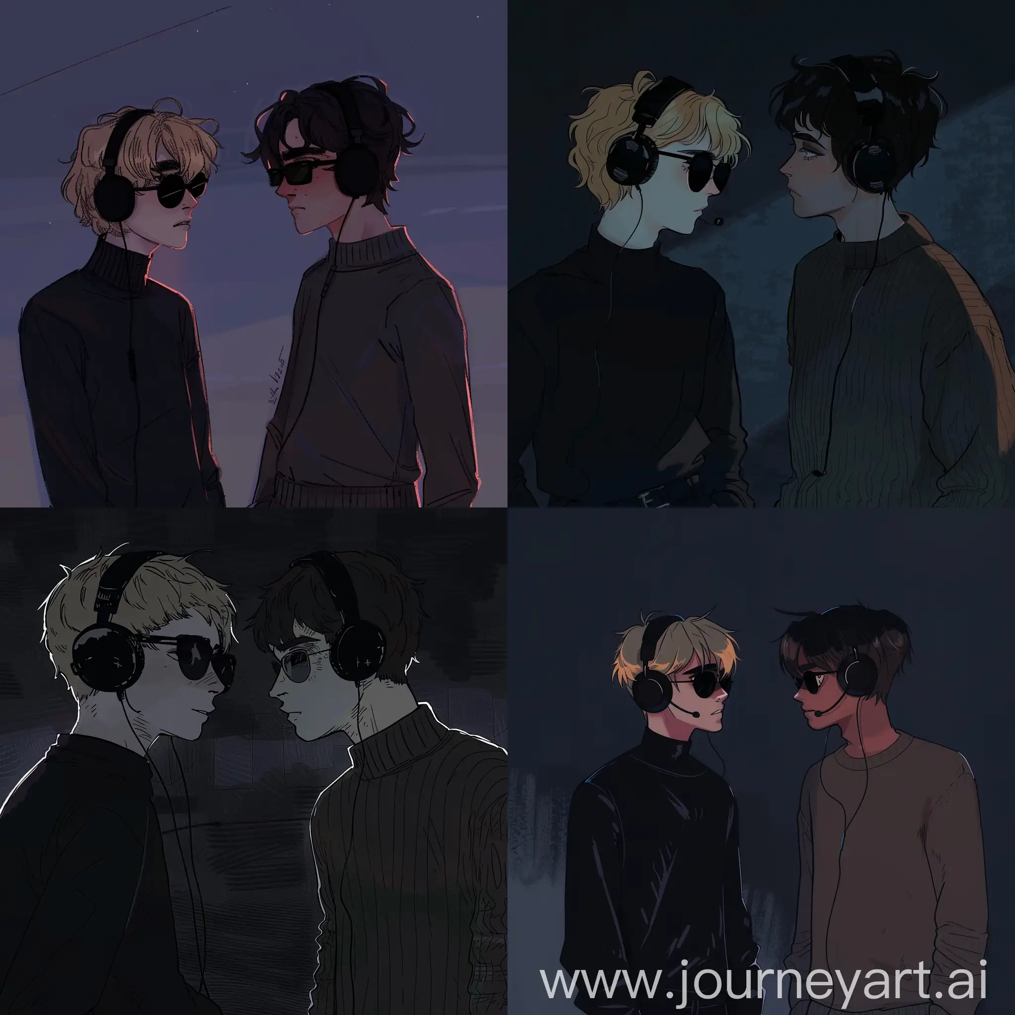 dark theme, night, animated drawing, teenagers, two teenage boys, the first one on the left is blonde with black outfit and having sunglasses, the one on the right has dark brown hair wearing a sweater and having a headphones, they looking at each other