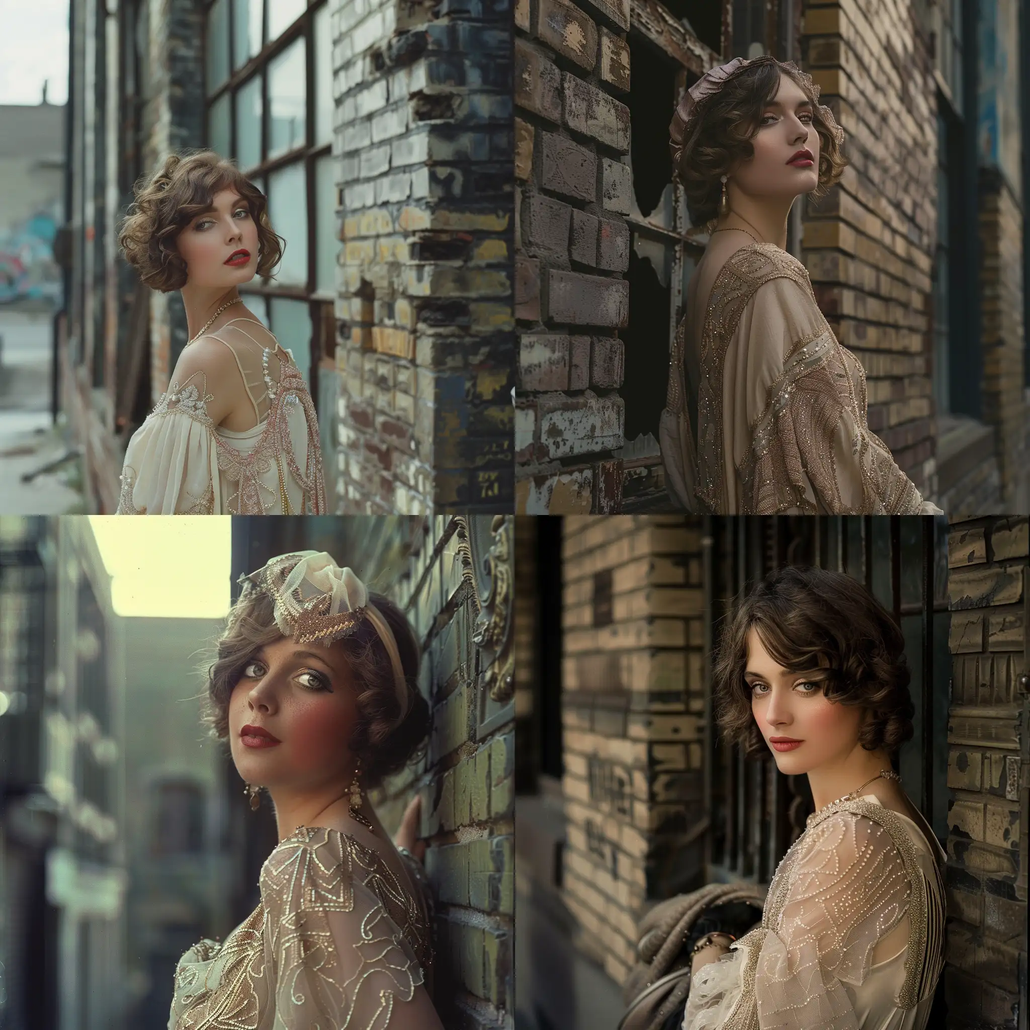 Old color photography of a beautiful woman dressed in 1920s fashion, posing against an old brick building. 