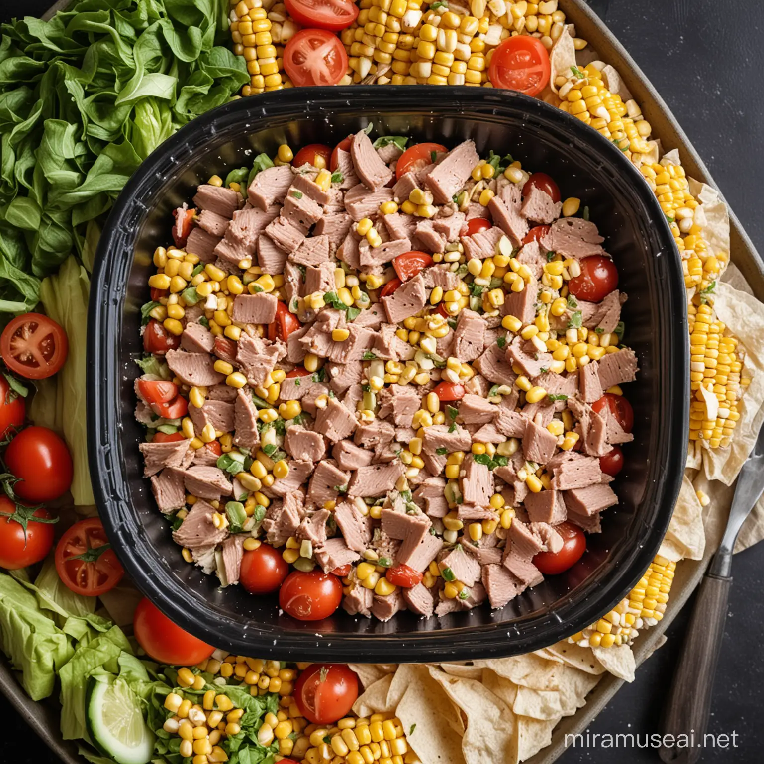 Overhead View of Tuna Salad with Tomatoes and Corn in Round Container