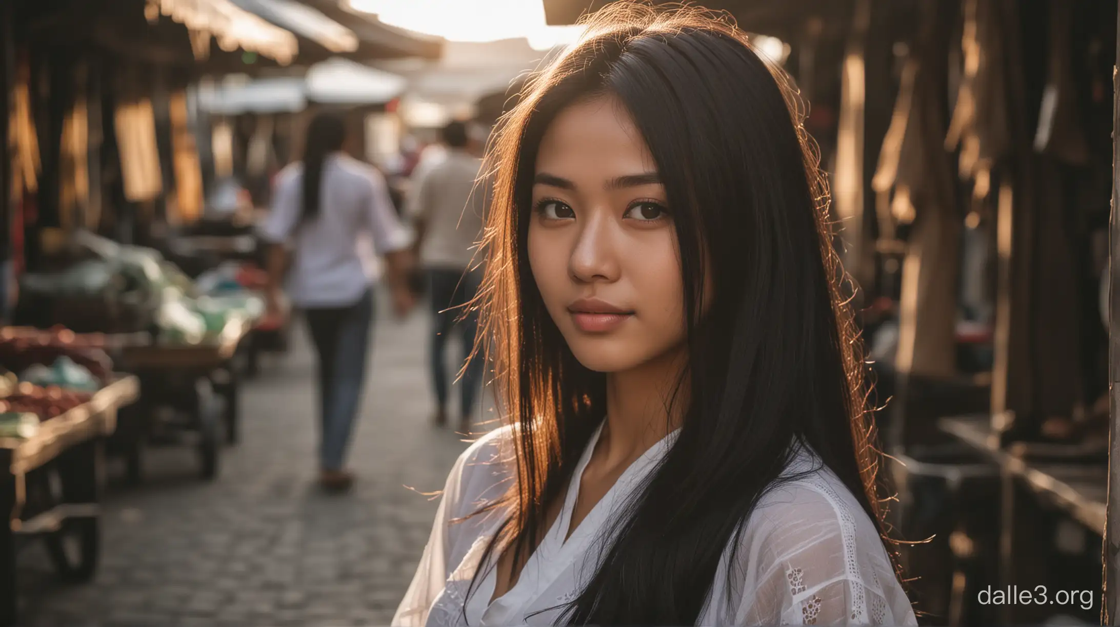 Photography of indonesian beautiful girl, 23 years old, long black hair, natural lighting, shadow, at busy traditional market