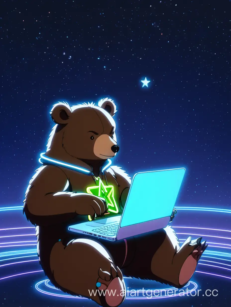 An anime programmer bear holds a laptop in his hands and sits on a star with a neon light in the anime style side view