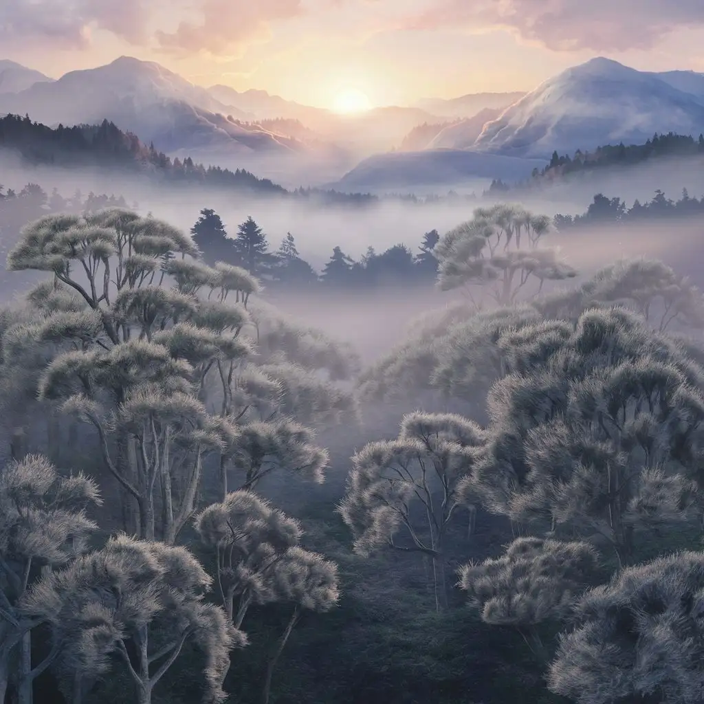 Mystical Foggy Forest at Sunset with Majestic Mountains and Whimsical Fur Trees