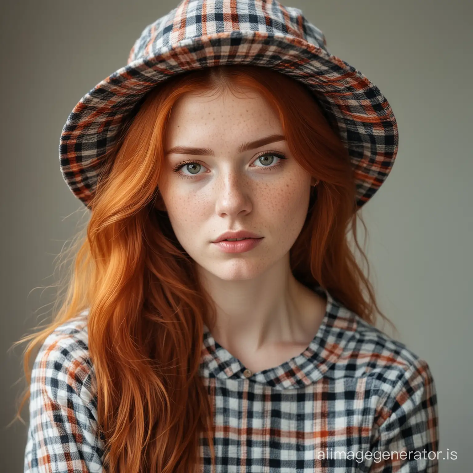 The red-haired girl in a hat in a plaid dress and with freckles on her face