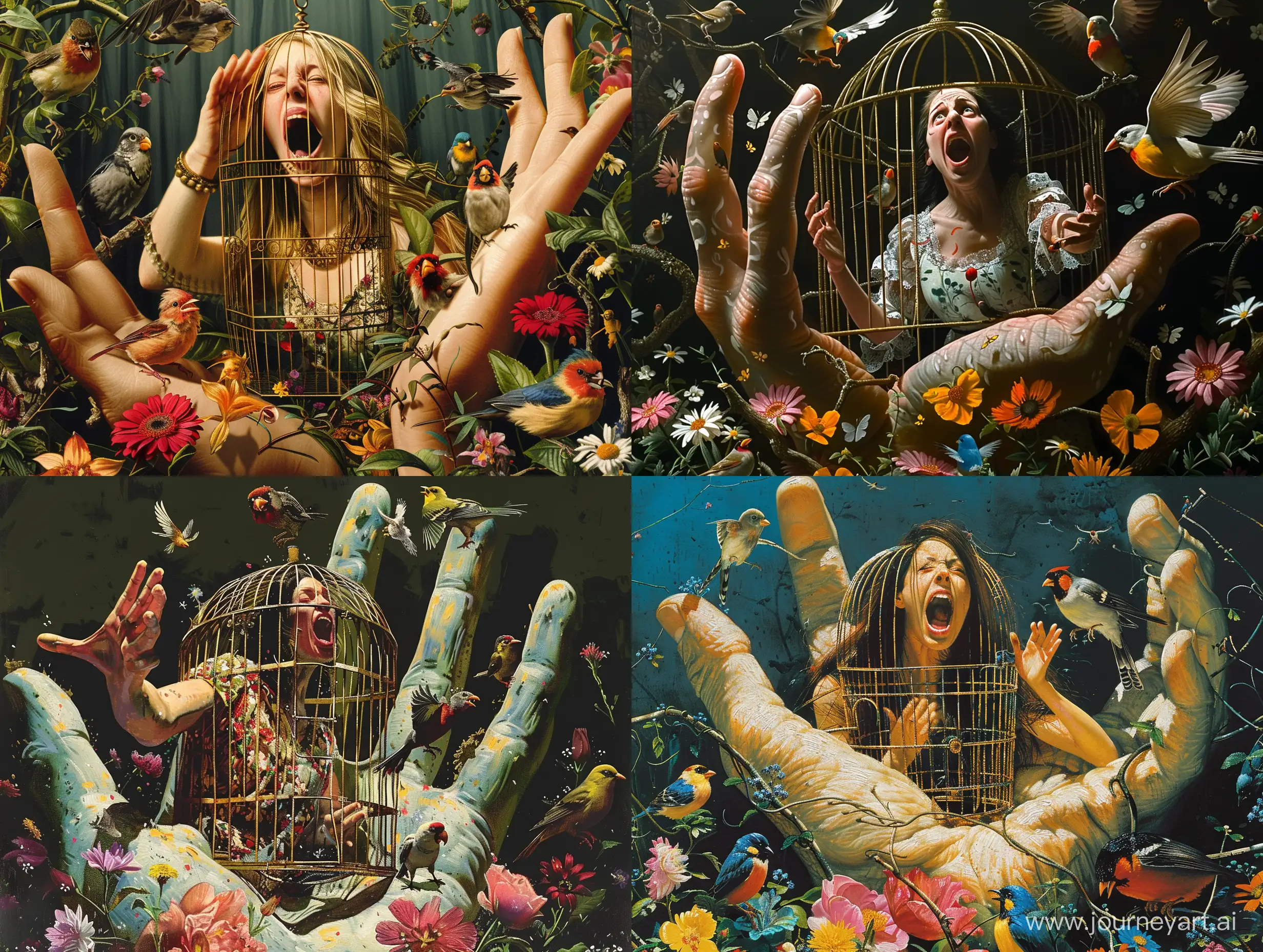 Screaming-Woman-Trapped-in-Baroque-Birdcage-Held-by-Giant-Hand-Amidst-Angry-Birds-and-Flowers