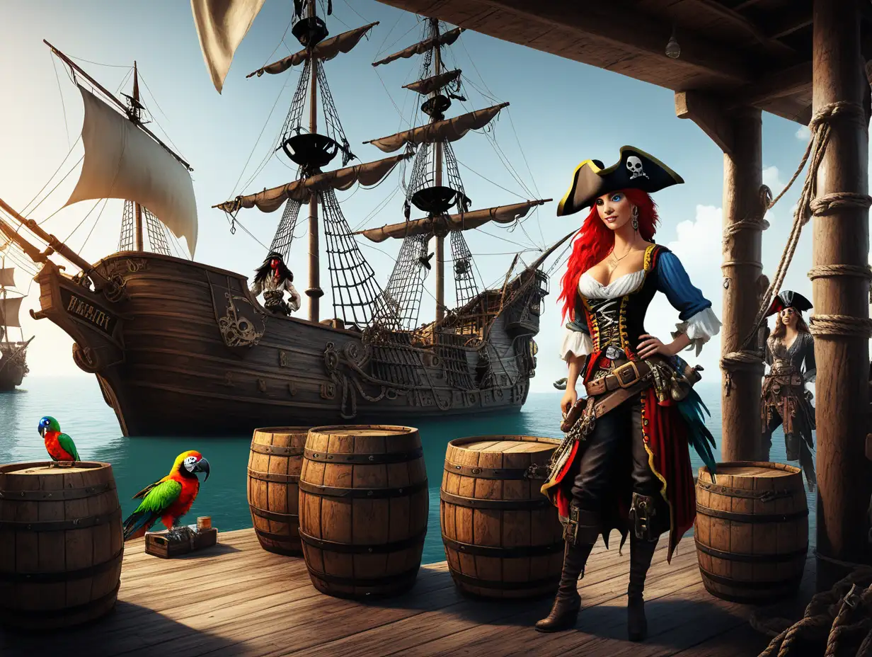 Ett piratskepp har kommit in till kajen för att lossa wiskey tunnor från skeppet. nere på kajen står en pirtkvinna med sin pappegoja. i bakgrunden ser man även pirater.