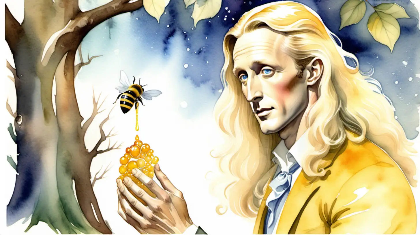 A  watercolour fairytale style. Blond Leslie Howard with long hair and pointed ears by a tree is making a magic jelly. Bee
