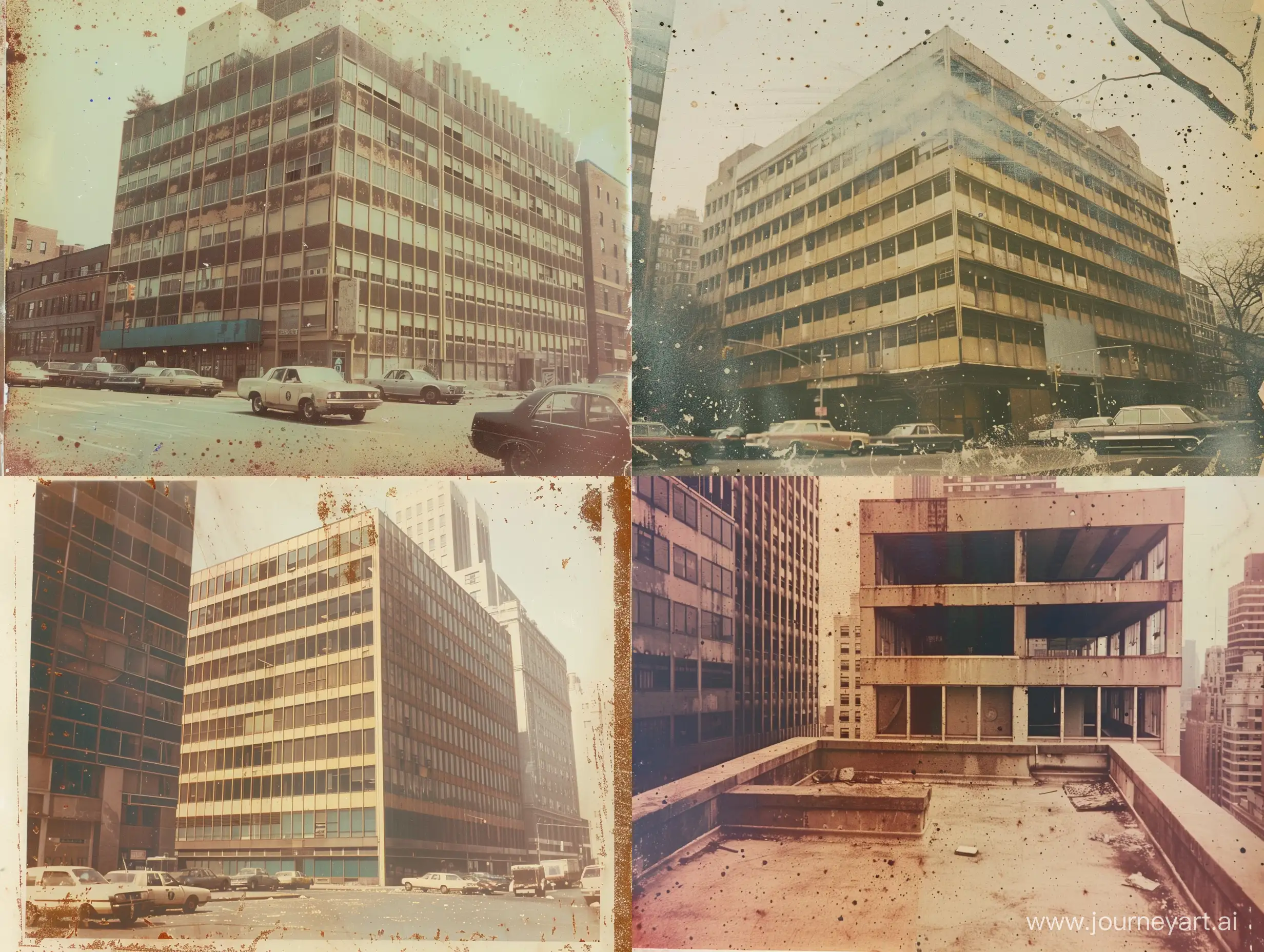 Faded yellowed aged Instamatic candid photo of an abandoned office building in the centre of New York City in 1975, color, dusty, speckled