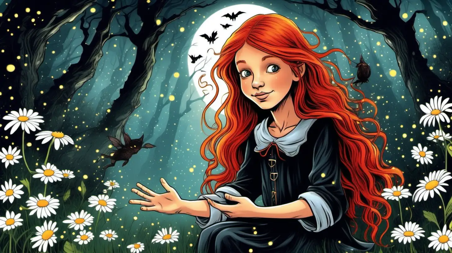 illustrate 10 years old red hair witch One night in the magic forest,  puts her hands on daisies and magics them to grow