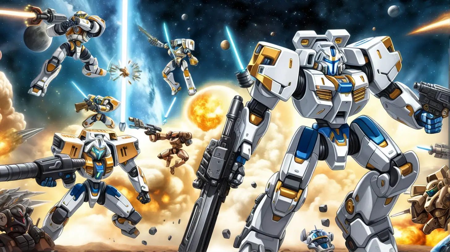 Create a mech warrior battle scene book cover front and back in space fighting with big guns and saber swords, anime cartoon style