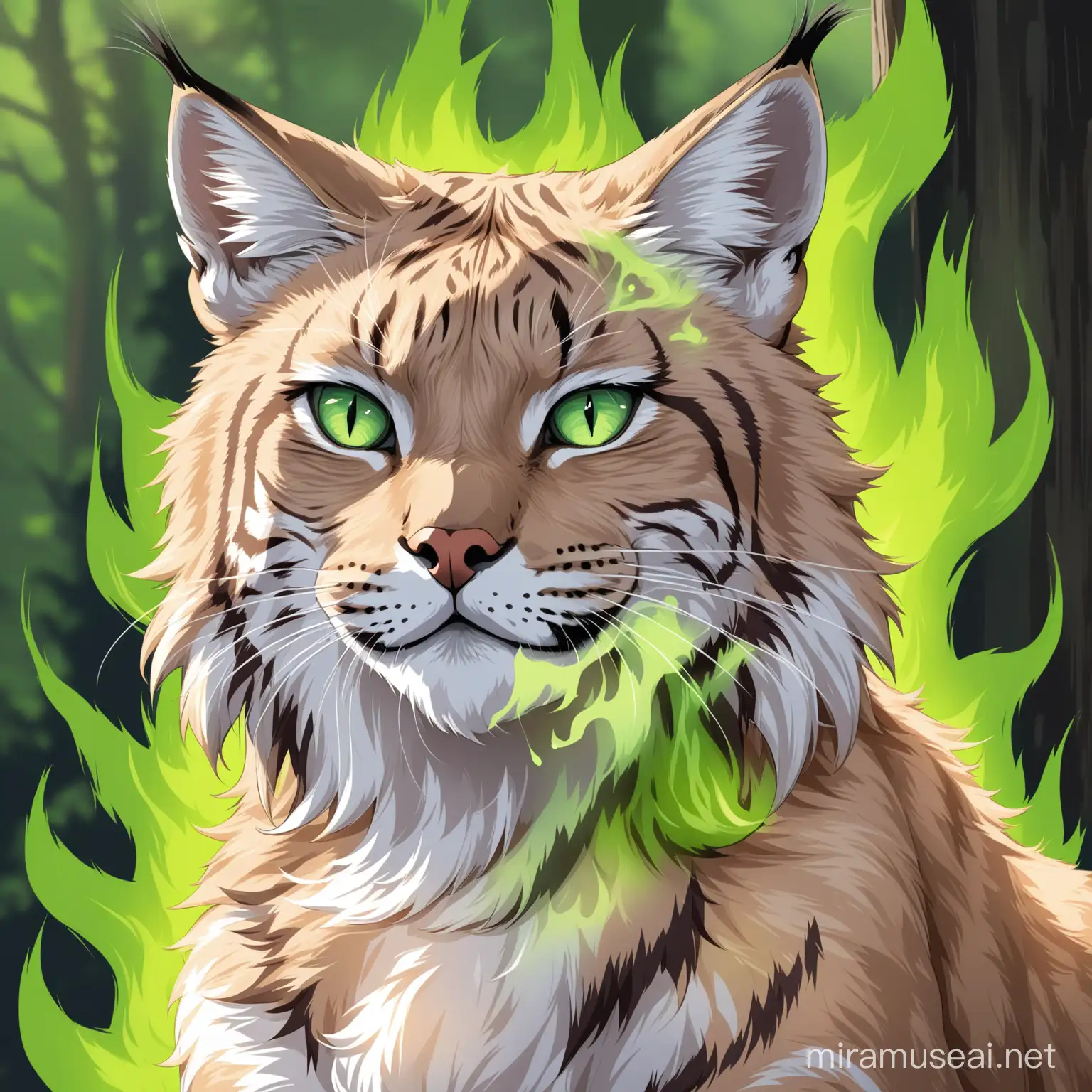 Has un lince (gato montes) que parezca que tiene fuego verde saliendo en sus ojos que luzca imponente 