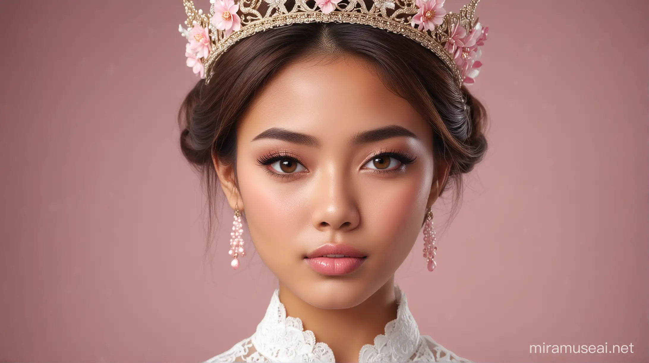 photography.realistic.detailed.beautiful Indonesian girl with brown hair, wear miss world crown, portrait of beautiful_girl wearing  Balinese white kebaya, soft pink lipstick, soft focus, sidelighting, subtle detail of beautiful eyes, high resolution.studio .Hd 16K. modeling stage in background, 