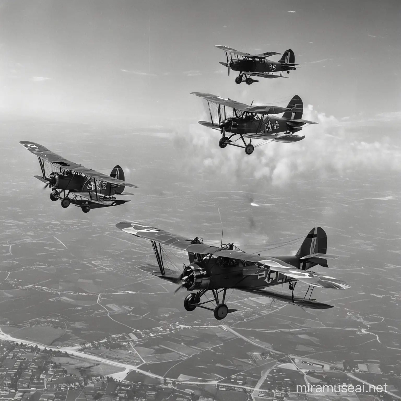 Oito aeronaves voando em formação de cunha;
Sendo as três primeiras: Curtiss Model F com metralhadoras encima das asas.
Atrás deles tem cinco aeronaves Whrigt de obervação.