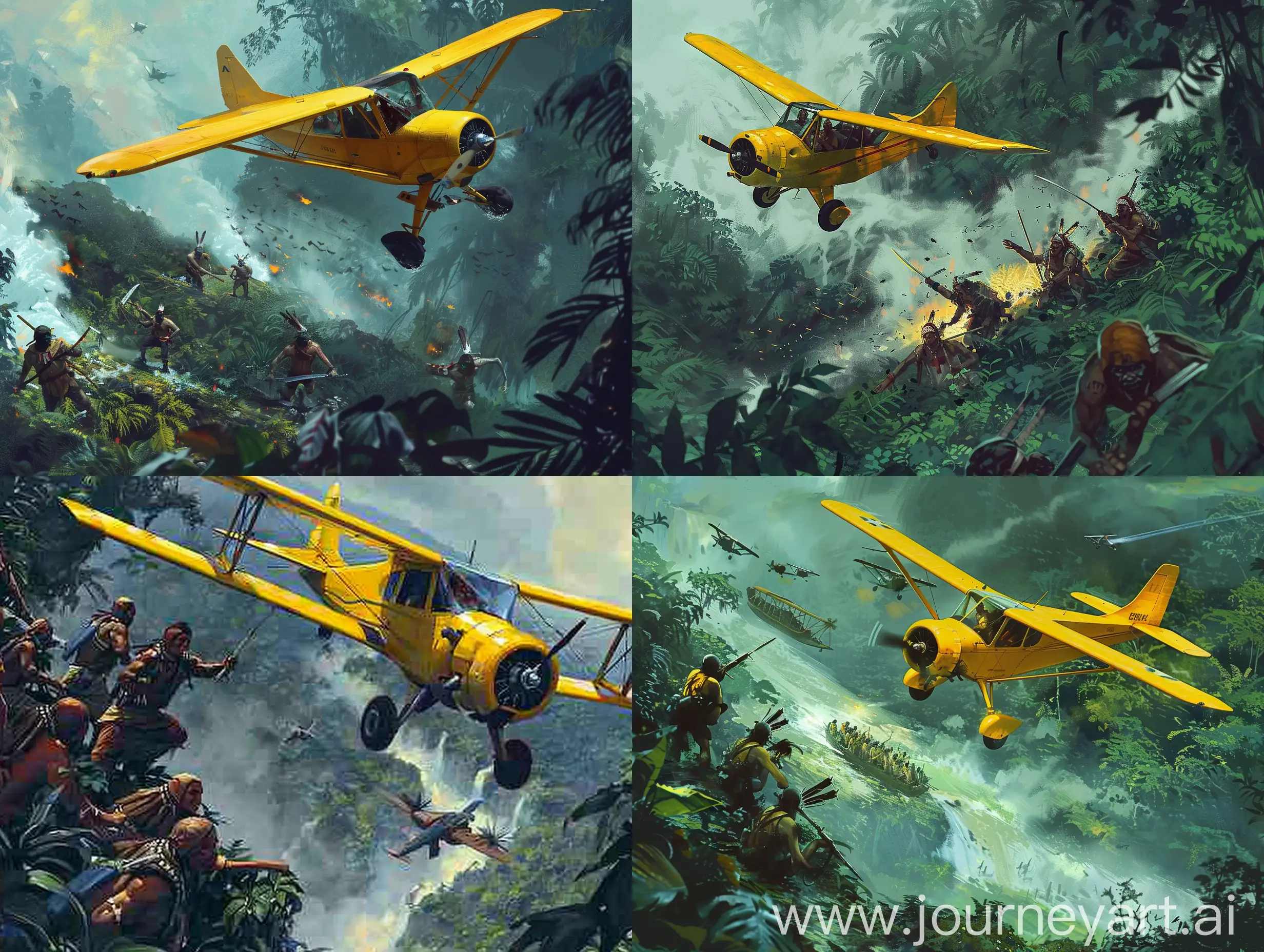 Create an image of a yellow single-engine plane flying over a group of 4 missionaries and a group of hostile Indians in an attack position in the Amazon rainforest. Create an image of a yellow single-engine plane flying over a group of 4 missionaries and a group of hostile Indians in an attack position in the Amazon rainforest. Do not allow dualities in the image.