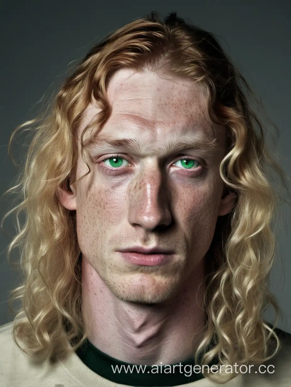 Thin man, green eyes, freckles, long wavy hair, blond hair, pale skin, unhappy look, thin lips, raised eyebrows, average clothes