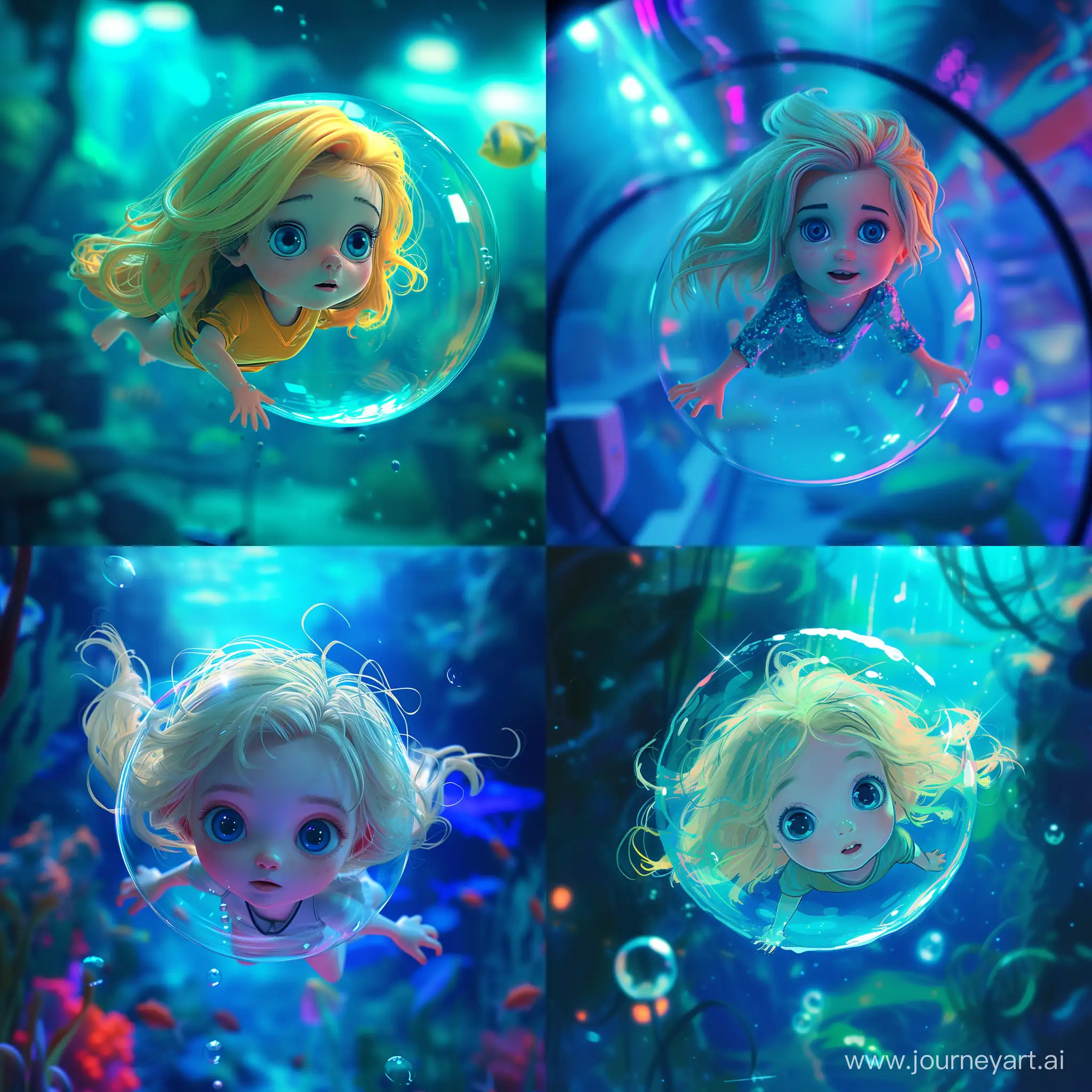A little girl with blonde hair and blue eyes swims in an air bubble in the aquarium water, in cartoon style, neon colors, high quality