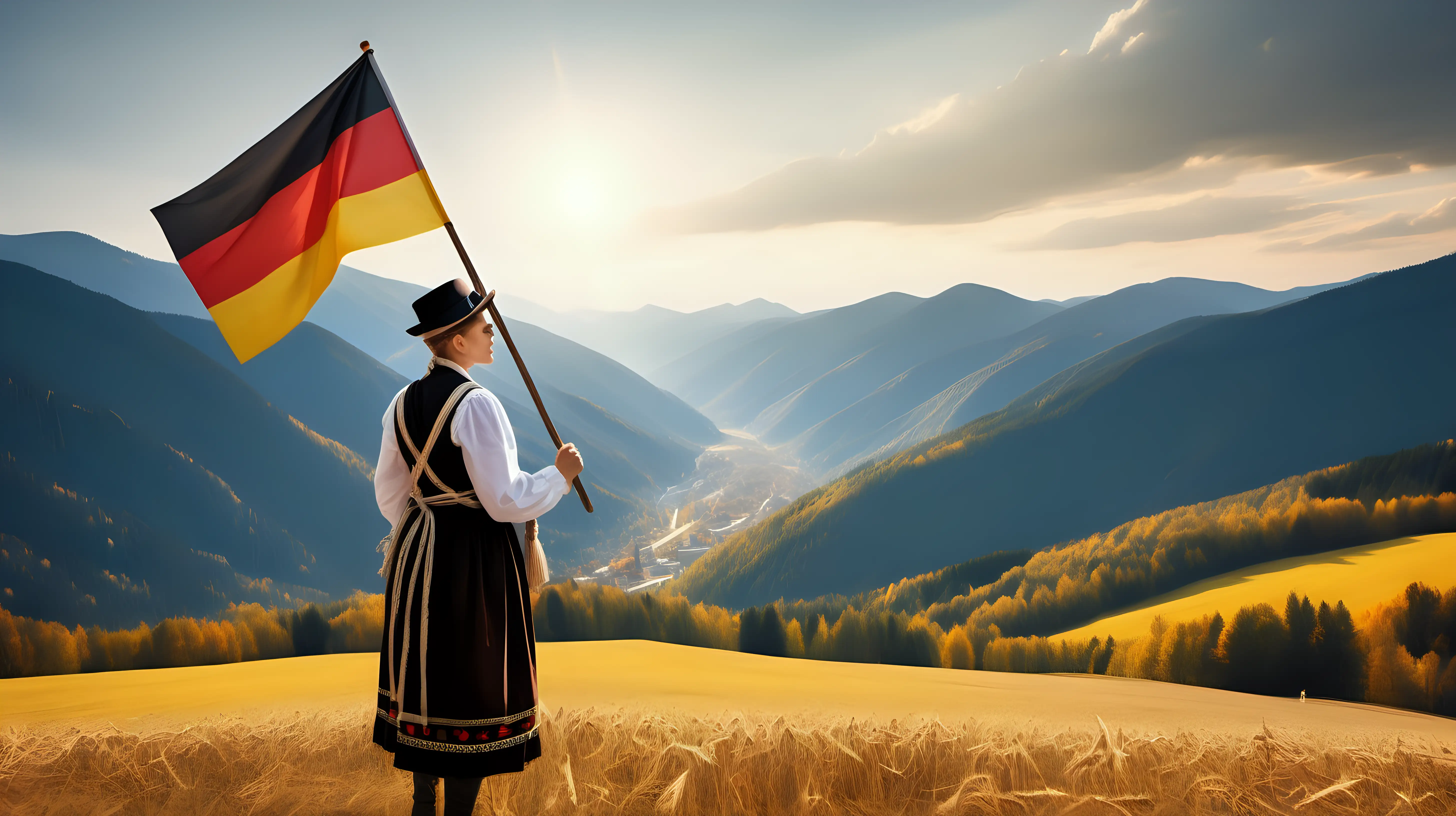 German Traditional Attire Proud Individual with Flag in Scenic Landscape
