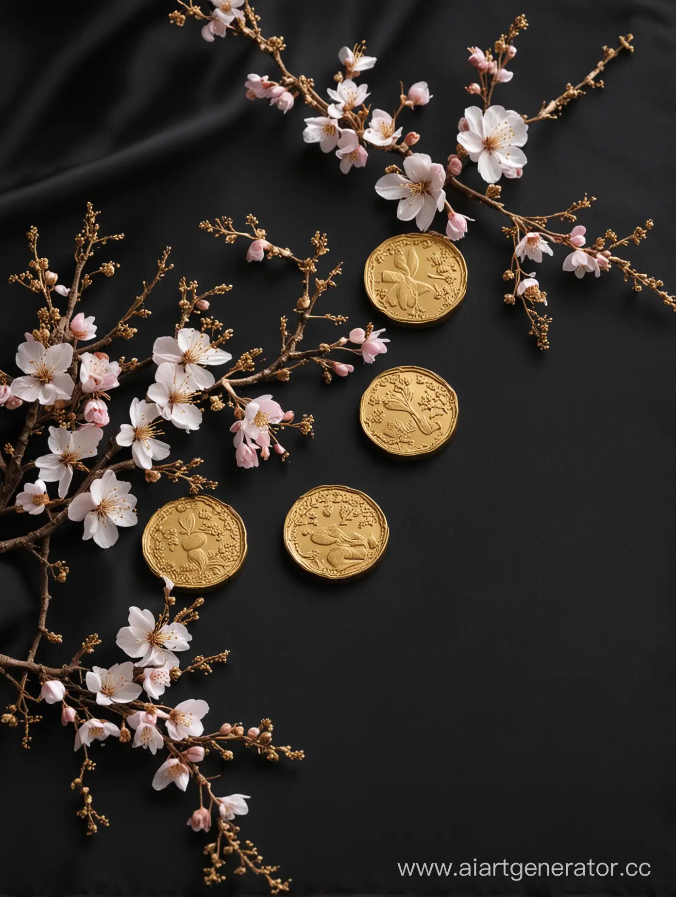 На черной шелковой ткани лежит три золотые монеты и маленькая веточка сакуры