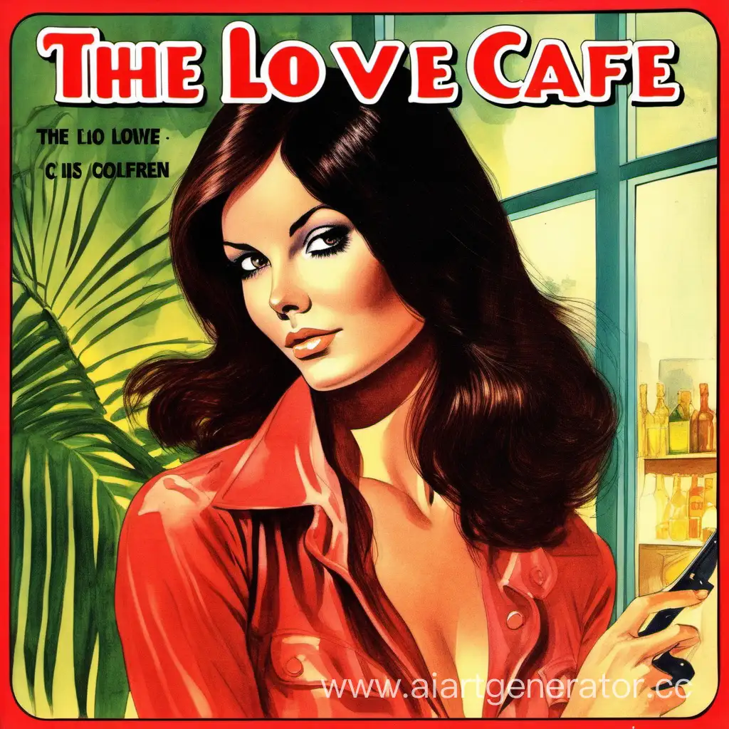 1970's romance mystery book cover featuring attractive confident sensual brunette, Book is called "The Love Cafe"