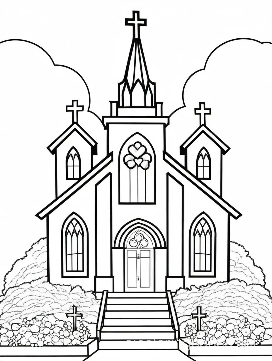 CHURCH WEDDING, Coloring Page, black and white, line art, white background, Simplicity, Ample White Space. The background of the coloring page is plain white to make it easy for young children to color within the lines. The outlines of all the subjects are easy to distinguish, making it simple for kids to color without too much difficulty