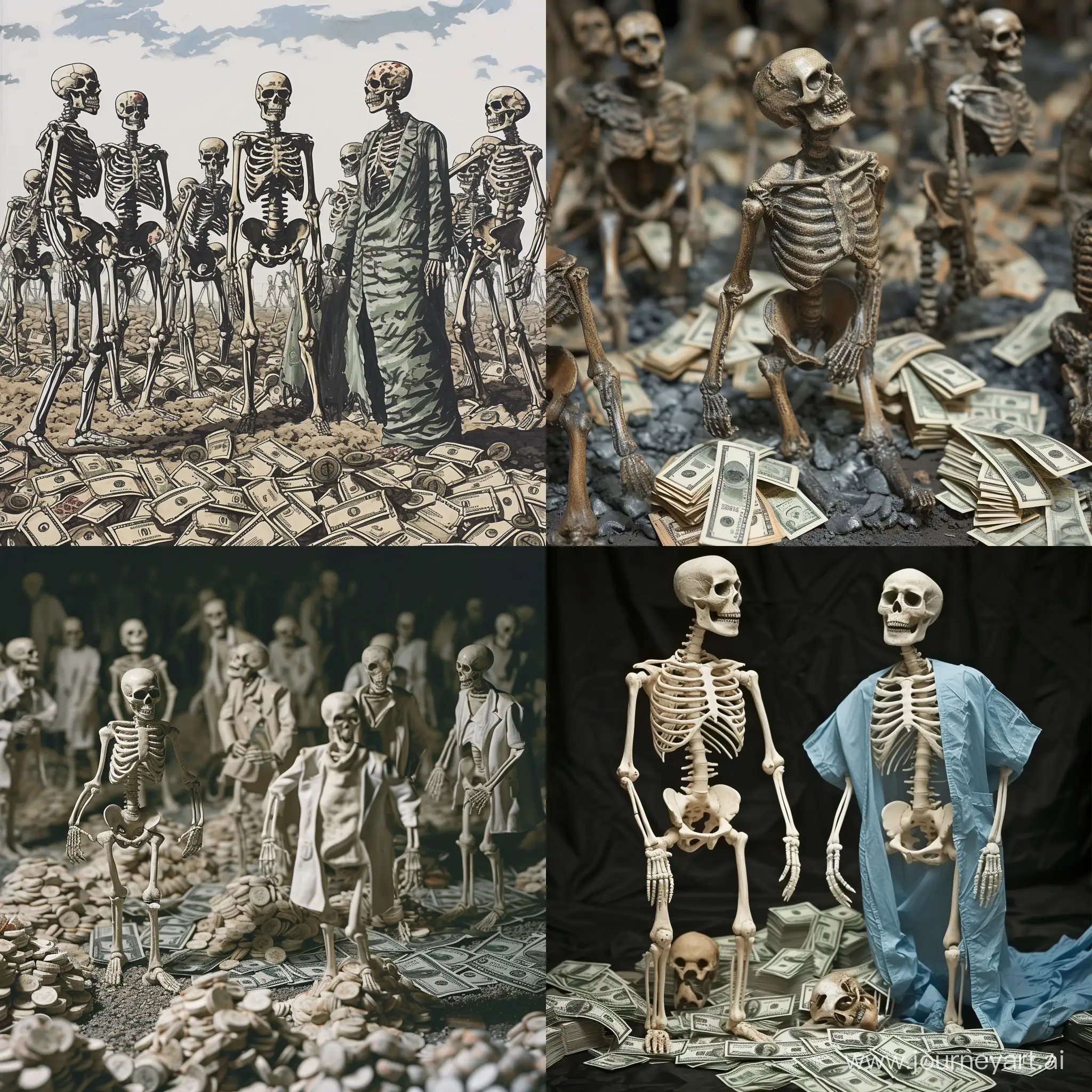 война скелетов, на земле кучи денег, скелеты одеты в медицинскую одежду