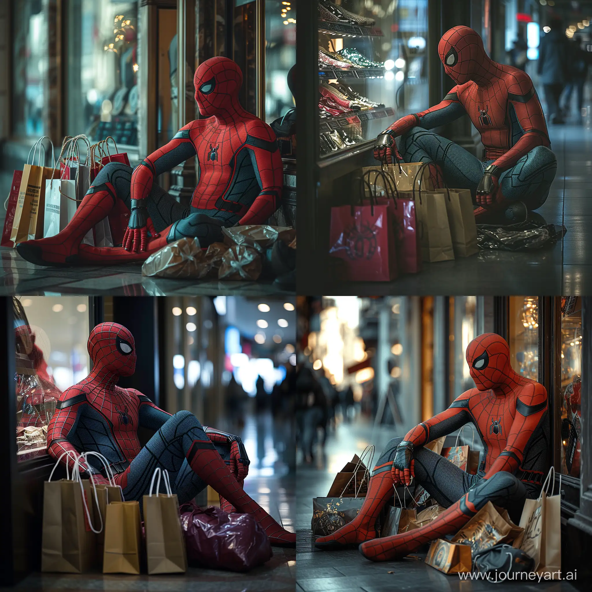 Photo of Spider-man, sitting beside a display window at a mall, surrounded by shopping bags on the floor, tired from shopping --stylize 750 --v 6