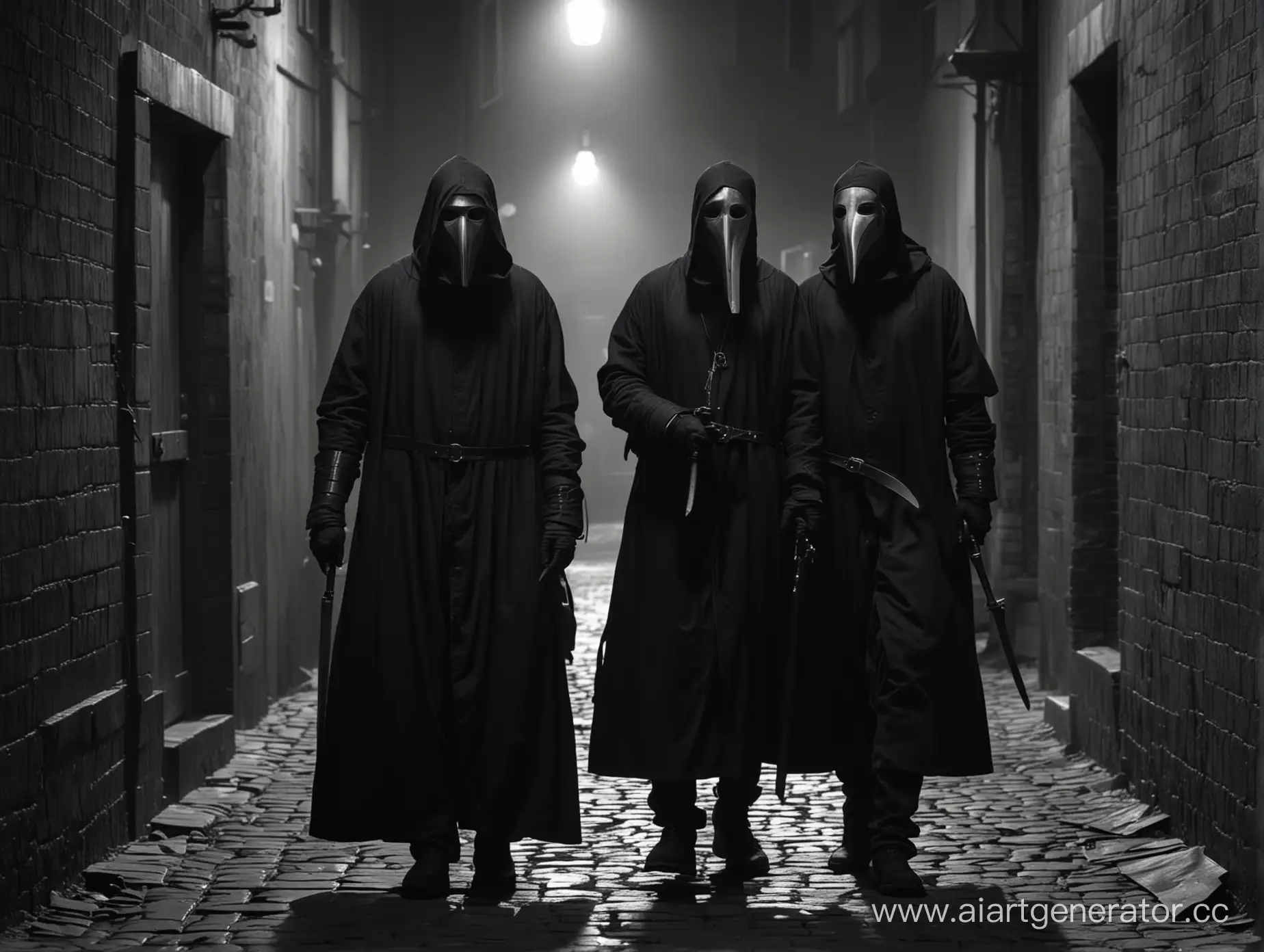 Два чумных доктора в 21 веке, стоят в темном переулке, у одно из них в руке нож 4к чб