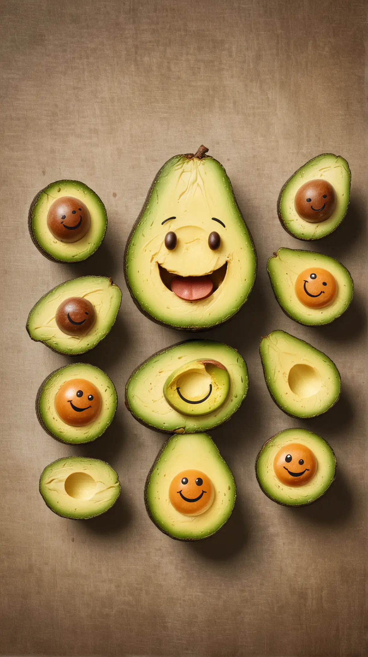  "Design a happy face graphic featuring avocados and happy mood symbols, showcasing how avocados can enhance mood and well-being."