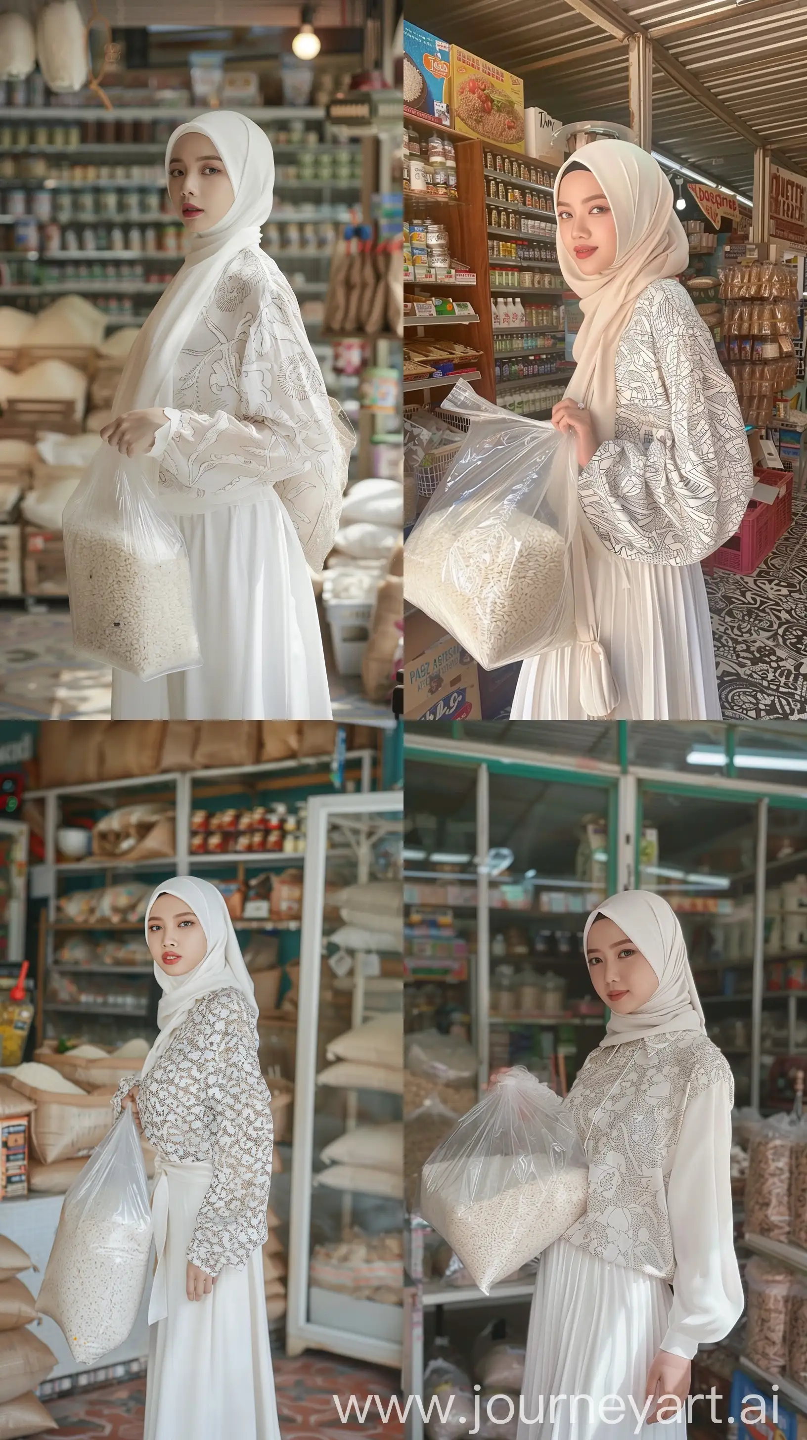 Elegant-HijabClad-Woman-in-White-Motivi-Blouse-and-Skirt-with-Transparent-Rice-Bag