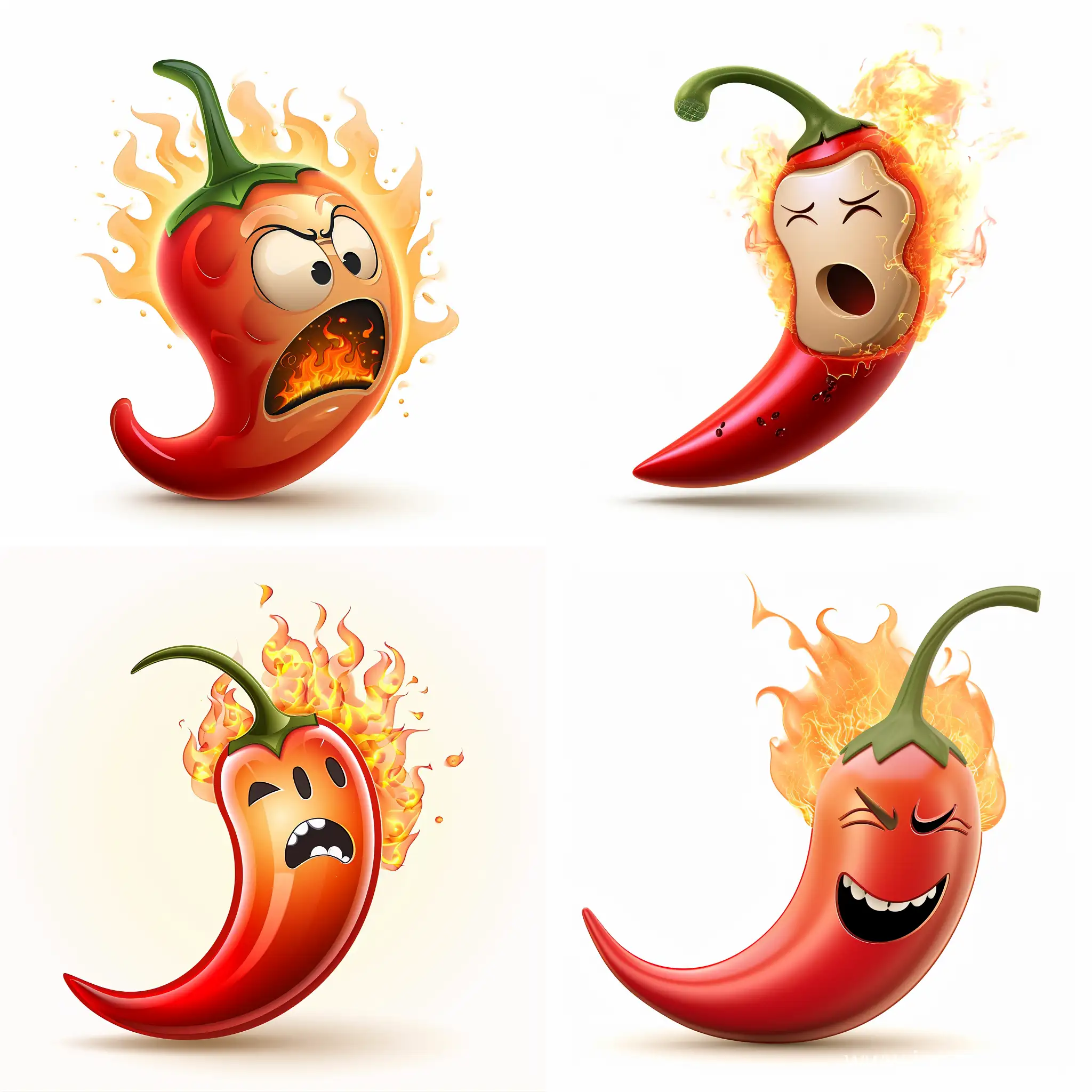 chili pepper emoji with hot face in fire on white background