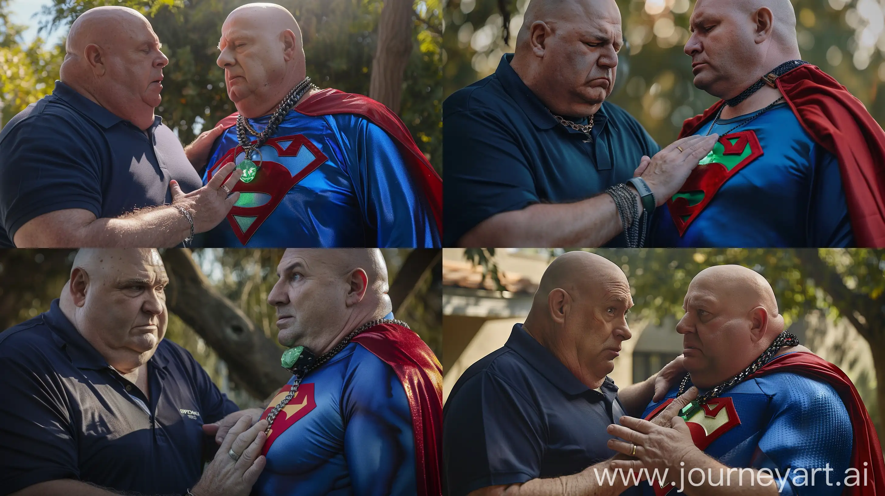 Close-up photo of two men. On the left is a fat man aged 60 wearing a silk navy sport polo shirt. On the right is a very fat man aged 60 who is wearing a tight silk blue complete superman costume with a red cape and a heavy black chain necklace with a green glowing stone. The man on the left is placing his hand on the chest of the man on the right. Outside. Bald --style raw --ar 16:9