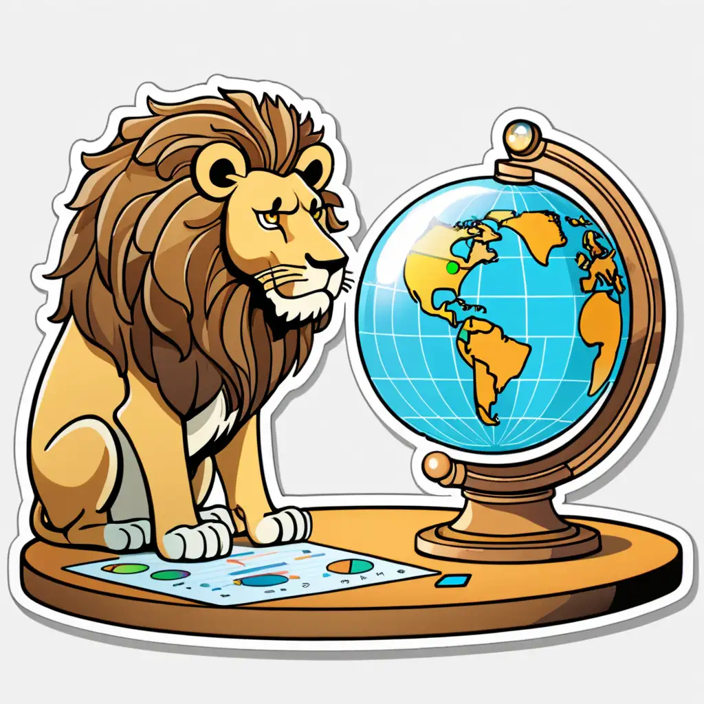 lion staring intensely at a screen with charts, a crystal ball predicting the future of prices, cartoon style sticker