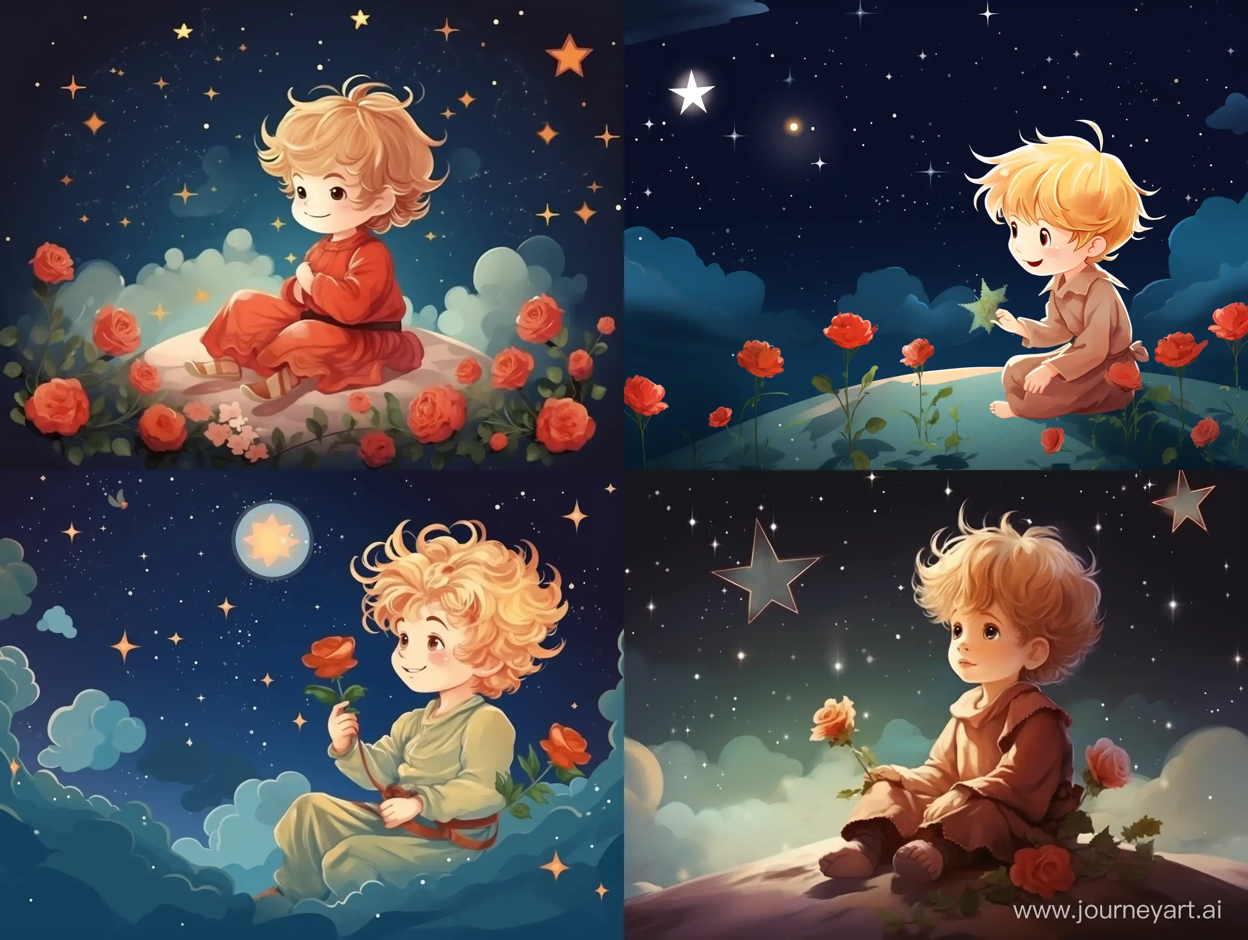 Enchanting-Little-Prince-Cultivates-a-Celestial-Rose-on-Vector-Graphic-Planet