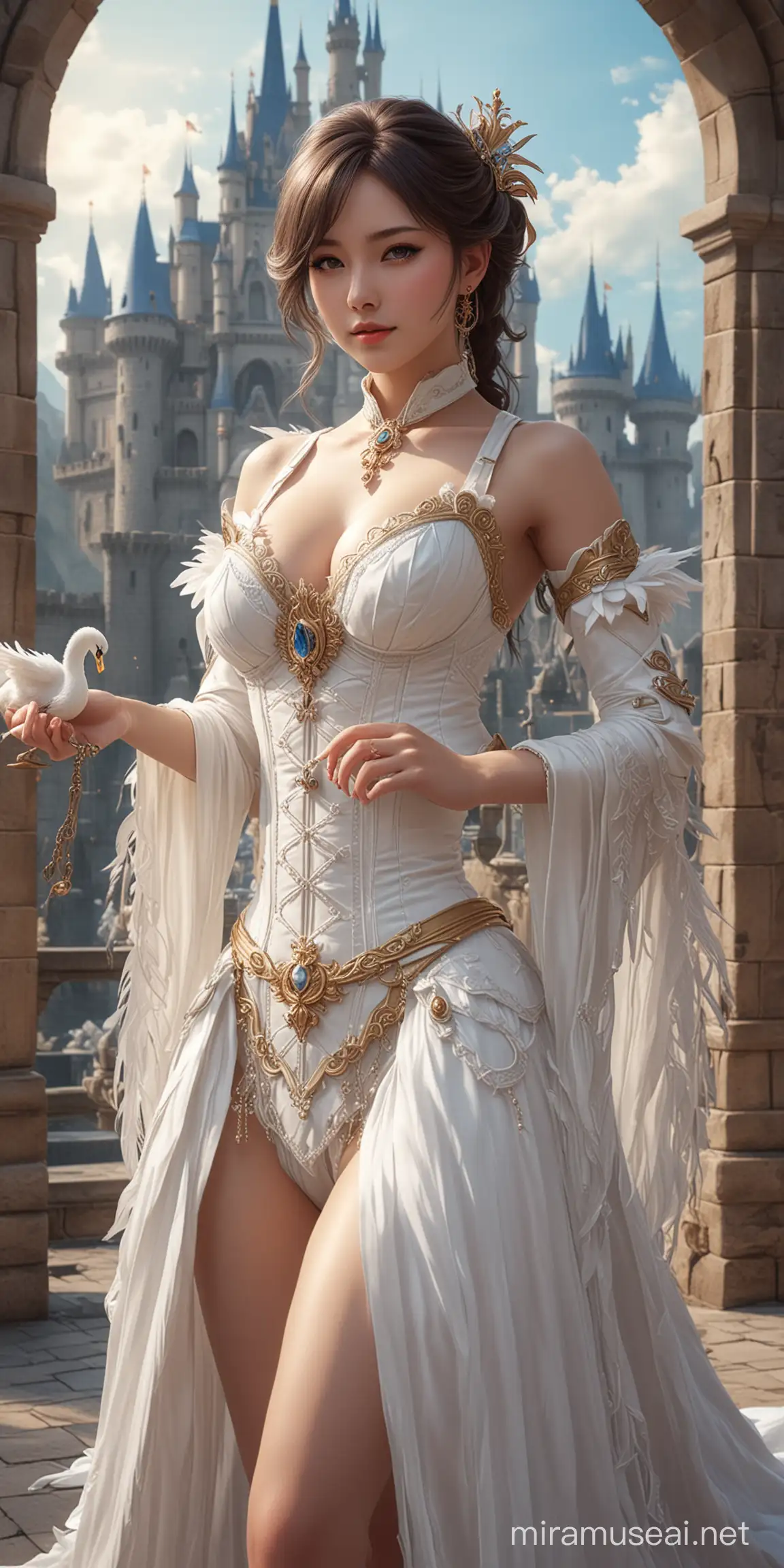 Elegant Swan Alchemist in Fantasy Castle Setting