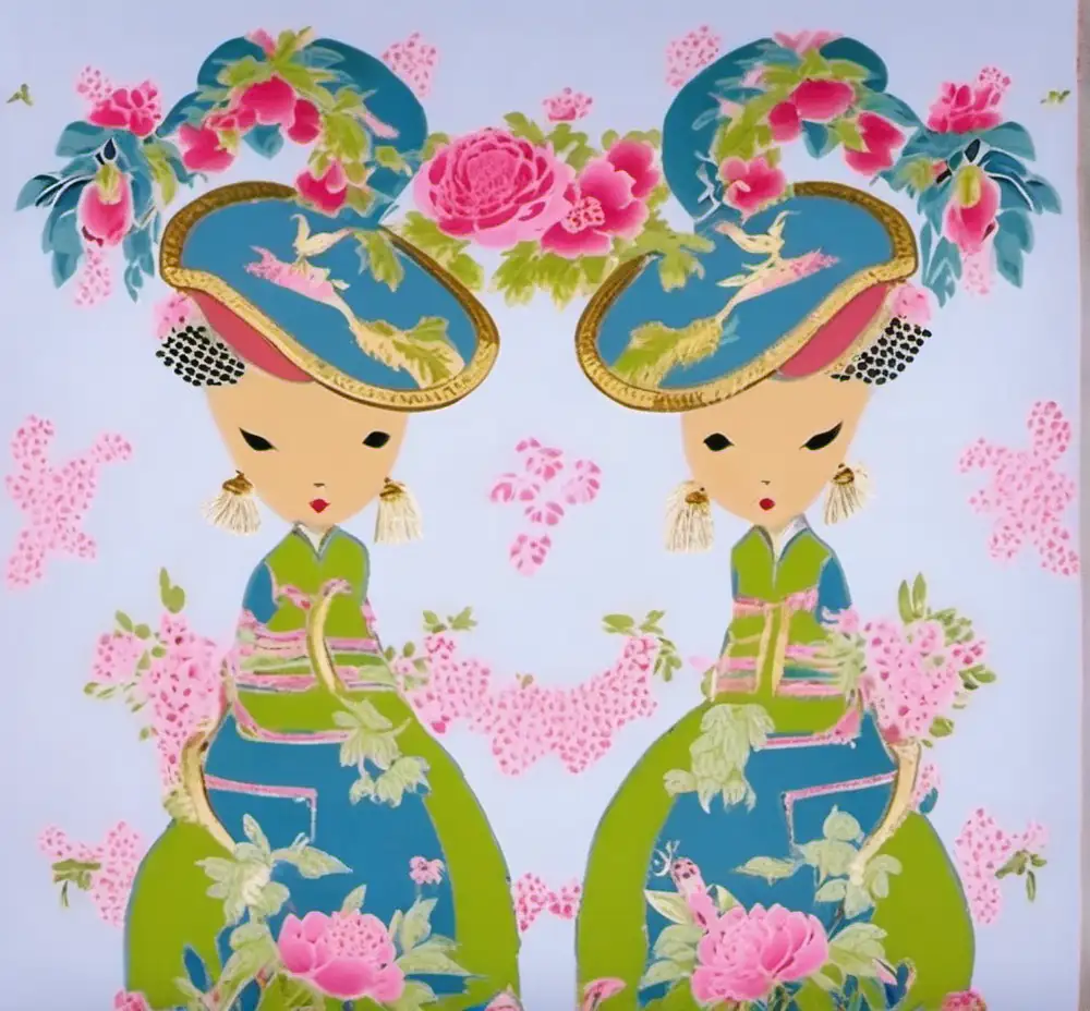 Chic Vintage Ladies Wearing Pink and Green Pagoda Chinoiserie Hats