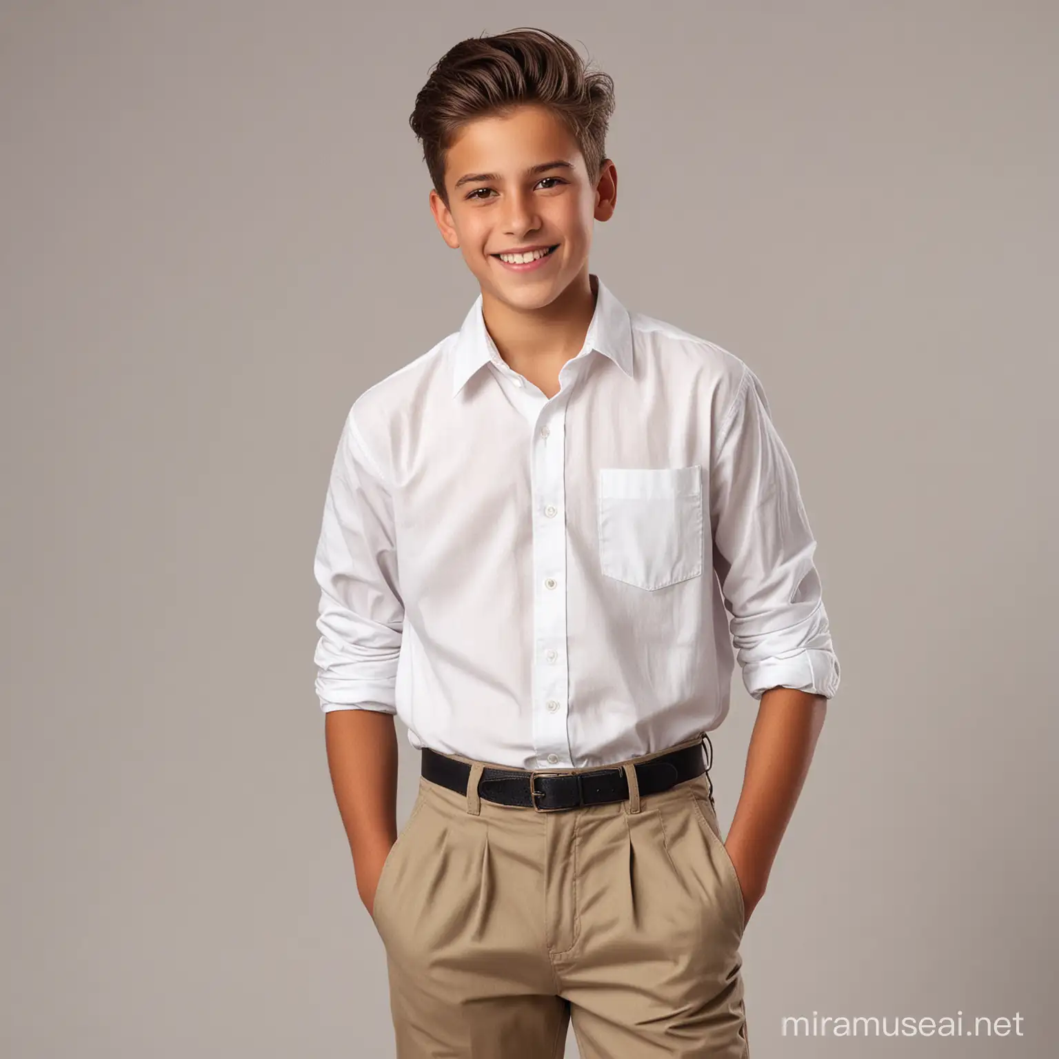  A 14 year old young boy with fine hairstyle who is wearing shirt and trousers and smiling at the camera who is so admirable.full body.his skin is white