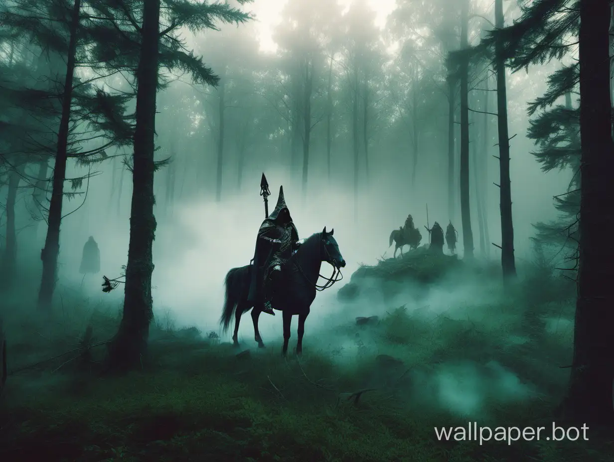 дремучий лес, стоит колдун, вокруг туман, на переднем плане русский богатырь на коне